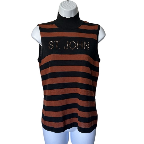 St John striped sweater mock neck sleeveless wool blend studs excellent Size M - Picture 2 of 9